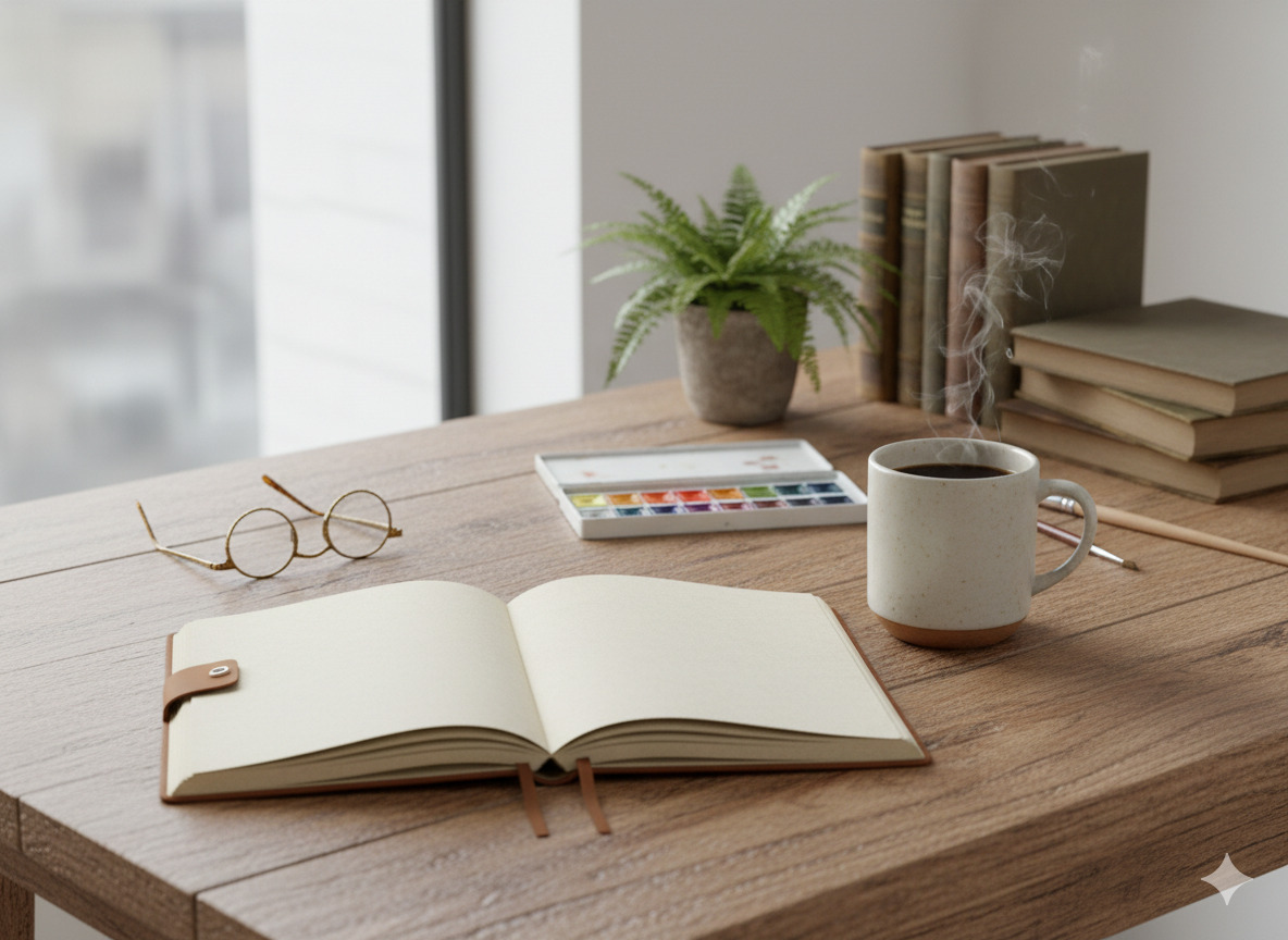 Minimal desk with planner and pen in daylight