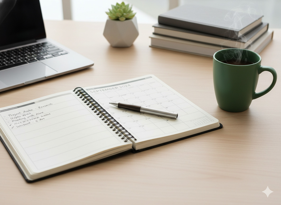 Open paper planner beside a mug on a tidy desk